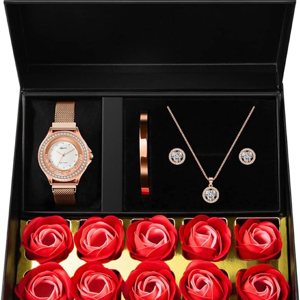Watches Sets Gifts for Women, Rose Gold Watch Set Necklace Earring Bracelet 4 Pi